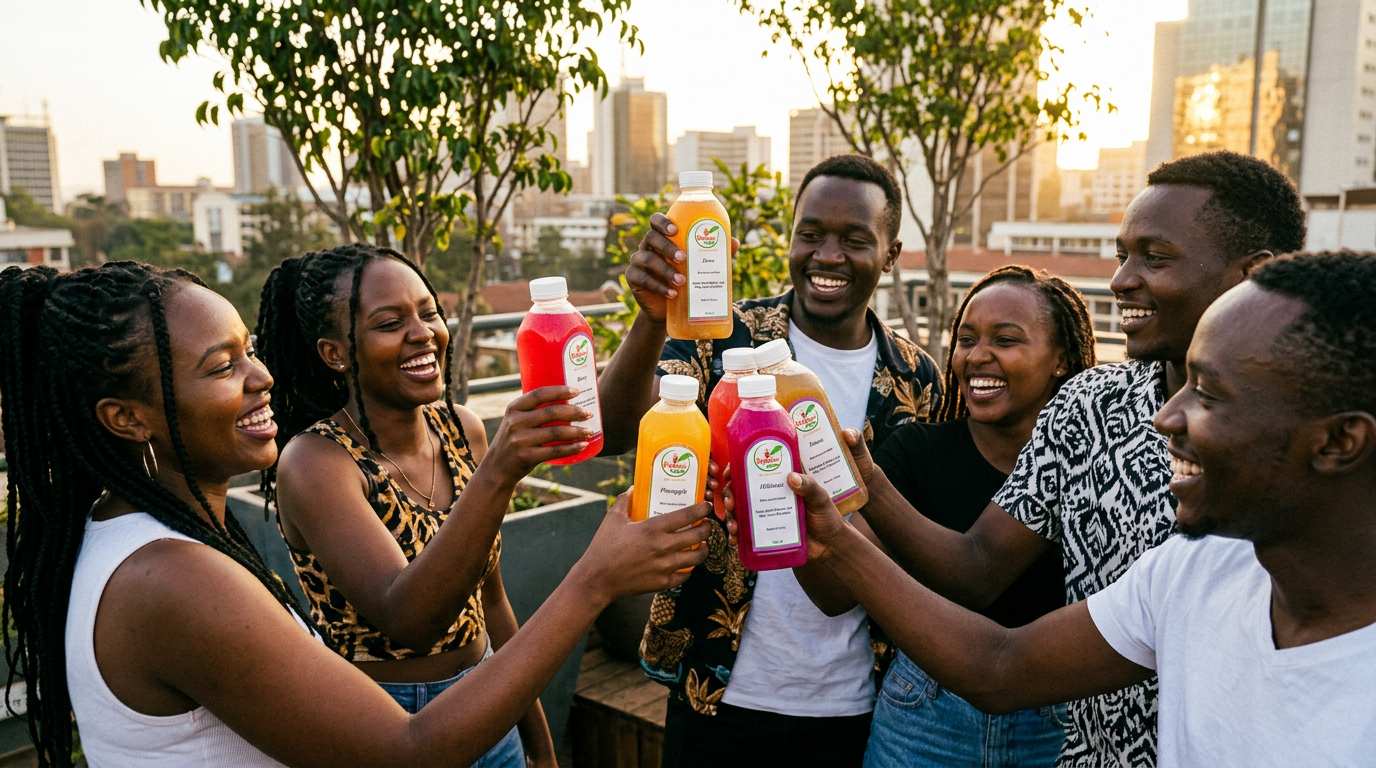 A group of Kenyan friends sharing Infusion Jaba Juice bottles