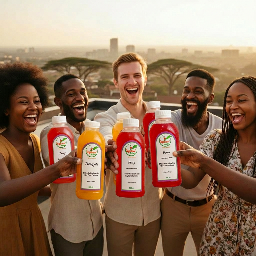 A happy group of Kenyan friends cheering with fresh Infusion Jaba Juice bottles at golden hour in Nairobi